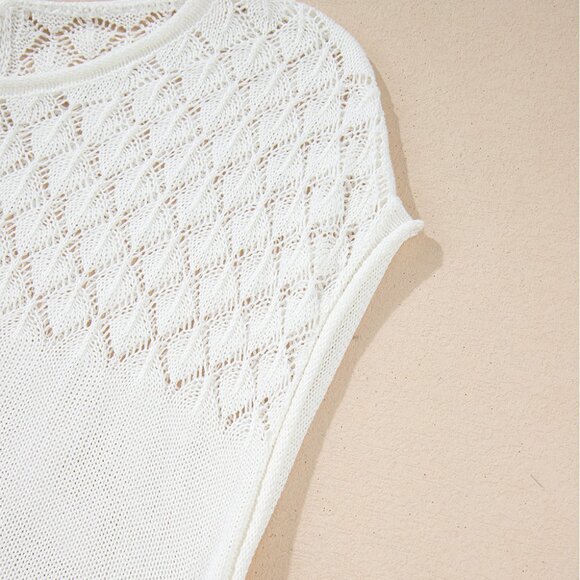 ๐ค White Eyelet Knit Tied Back Short Sleeve Sweater โ Size M - Picture 8 of 10